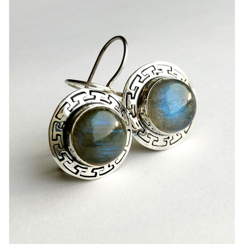 Labradorite Drop Earrings In Sterling Silver with Greek Key Design