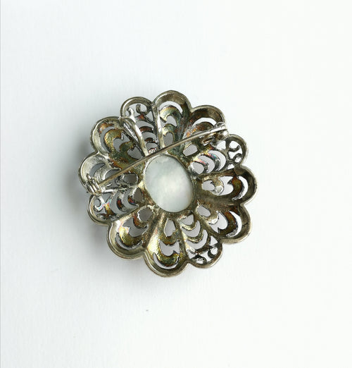 Vintage Mother Of Pearl Marcasite Brooch in Sterling Silver