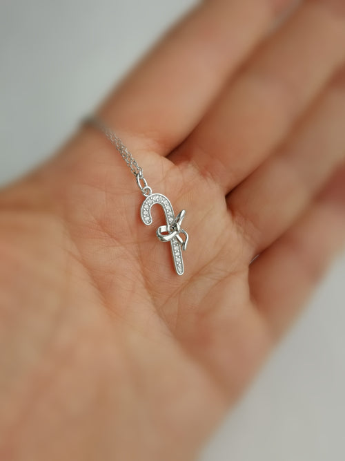 Festive CZ Candy Cane Pendant Necklace in Sterling Silver