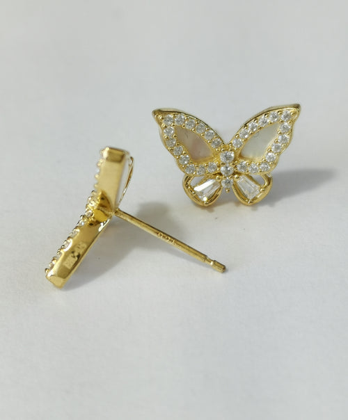 Mother of Pearl CZ Butterfly Earrings in 14K Gold