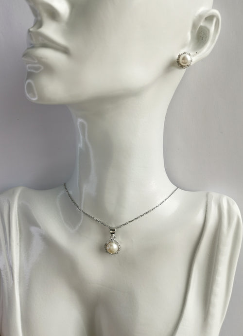 Cultured White Pearl White Sapphire Halo Pendant Necklace Earring Set