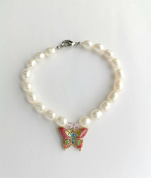 White Freshwater Pearl Bracelet Pink Cloisonne Enamel Butterfly