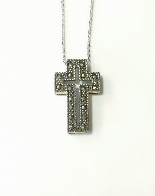Marcasite Cross Pendant Necklace In Sterling Silver