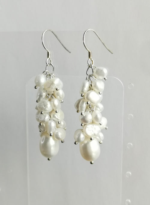 White Freshwater Pearl Grape Cluster Dangle Drop Earrings