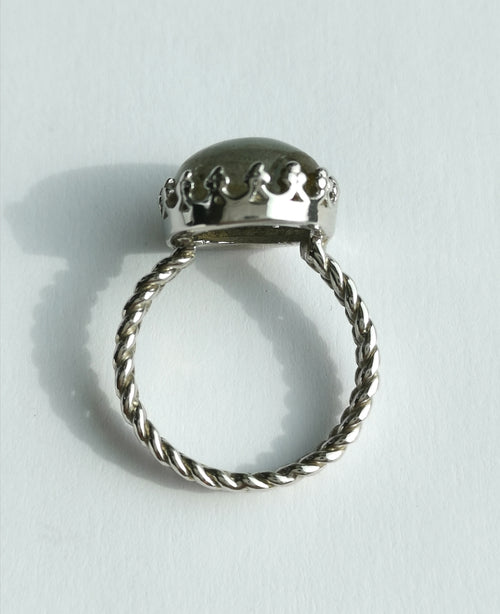 Cabochon Labradorite Ring in Sterling Silver Tudor Revival Design