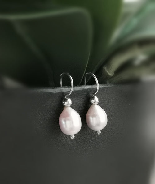 Blush Freshwater Pearl Drop Earrings on Sterling Silver French Hooks