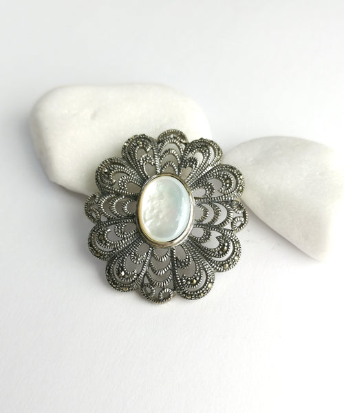 Vintage Mother Of Pearl Marcasite Brooch in Sterling Silver