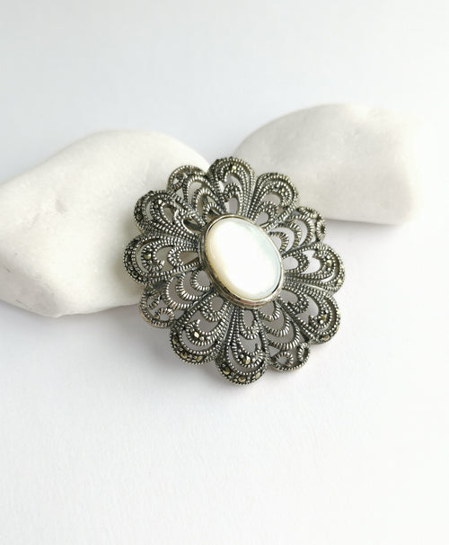 Vintage Mother Of Pearl Marcasite Brooch in Sterling Silver