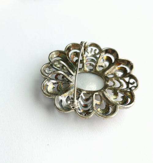 Vintage Mother Of Pearl Marcasite Brooch in Sterling Silver