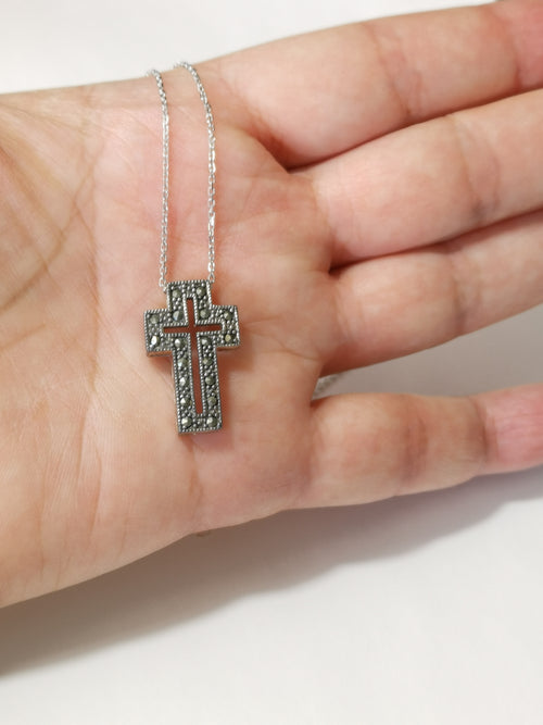 Marcasite Cross Pendant Necklace In Sterling Silver
