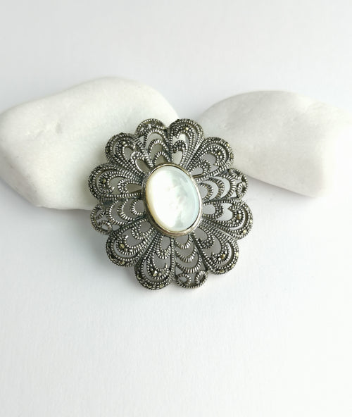 Vintage Mother Of Pearl Marcasite Brooch in Sterling Silver