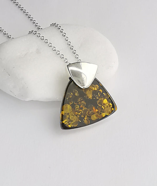 Vintage 70's Amber Pendant Necklace in Sterling Silver