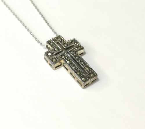 Marcasite Cross Pendant Necklace In Sterling Silver