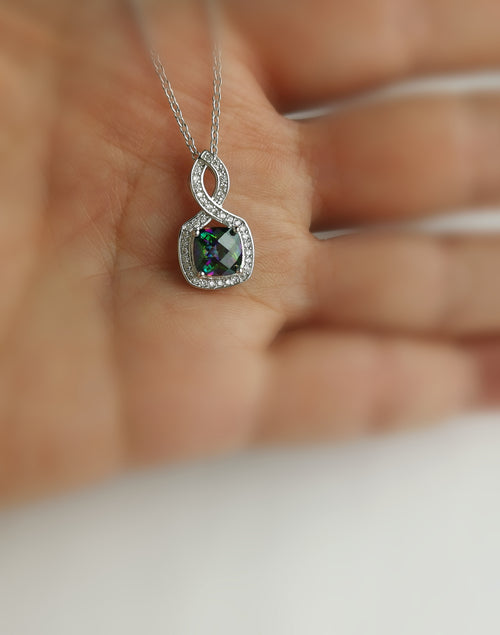 Mystic Topaz CZ Halo Pendant Necklace in Sterling Silver