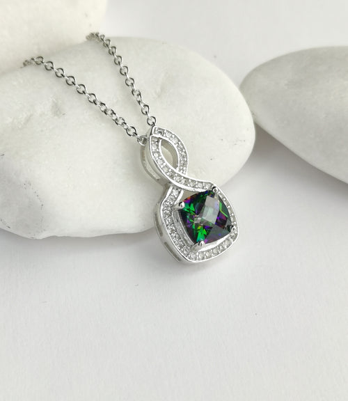 Mystic Topaz CZ Halo Pendant Necklace in Sterling Silver