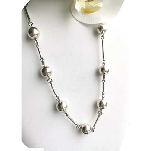 Vintage Sterling Silver Ball Bead Necklace with Toggle Clasp