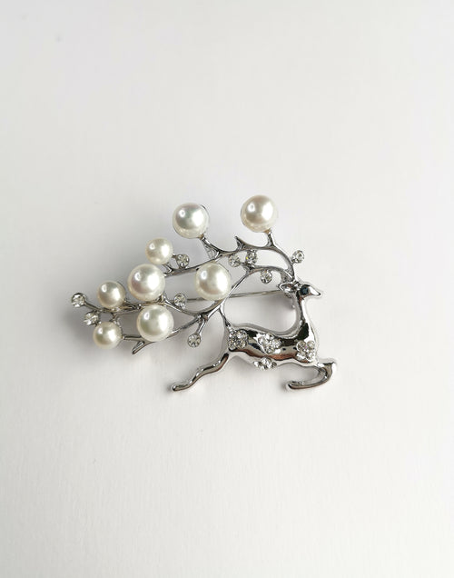 Christmas Reindeer Brooch with Crystals and Freshwater White Pearls 