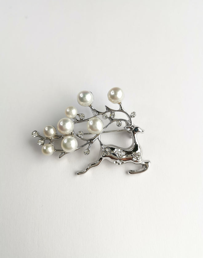 Christmas Reindeer Brooch with Crystals and Freshwater White Pearls 