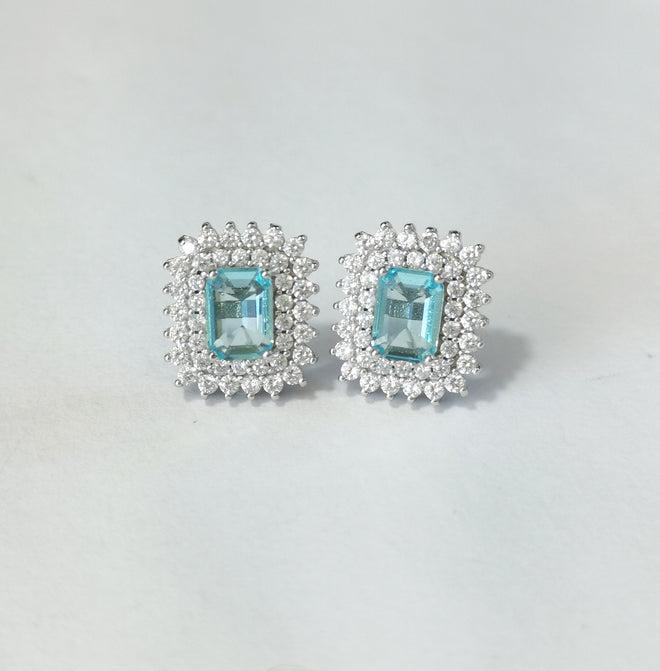 Vintage Sky Blue Topaz Earrings Double Halo Earrings in Sterling Silver