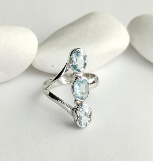 Modern Sky Blue Topaz 3 Stone Ring