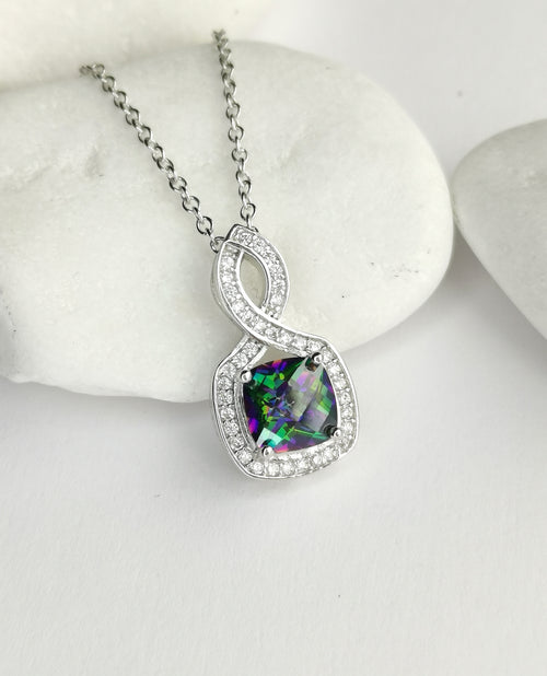 Mystic Topaz CZ Halo Pendant Necklace in Sterling Silver