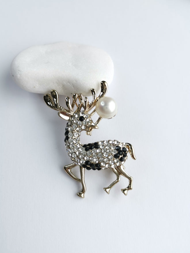 Christmas Reindeer Brooch with Crystals and Freshwater White Pearl