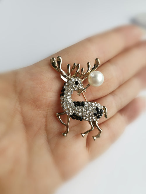 Christmas Reindeer Brooch with Crystals and Freshwater White Pearl