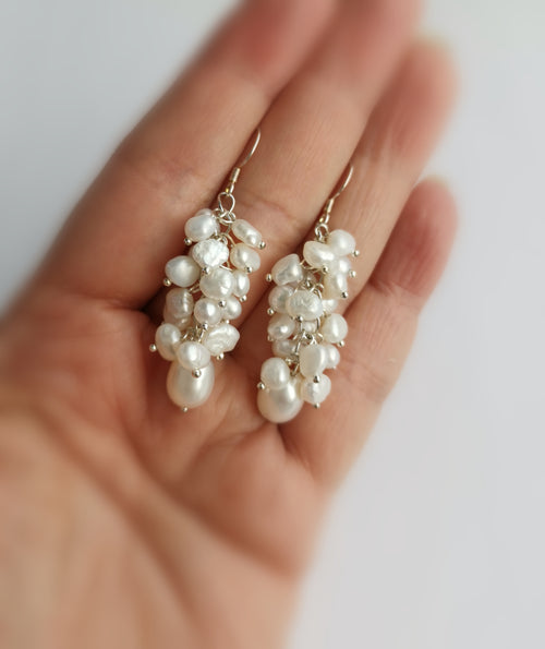 White Freshwater Pearl Grape Cluster Dangle Drop Earrings