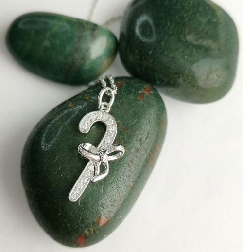 Festive CZ Candy Cane Pendant Necklace in Sterling Silver