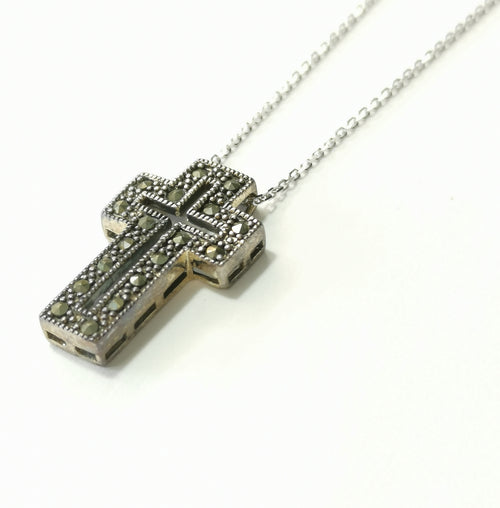 Marcasite Cross Pendant Necklace In Sterling Silver