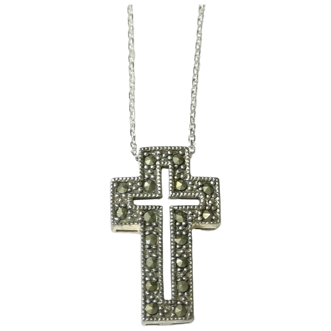 Marcasite Cross Pendant Necklace In Sterling Silver