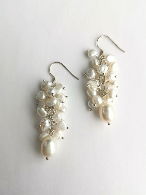 White Freshwater Pearl Grape Cluster Dangle Drop Earrings