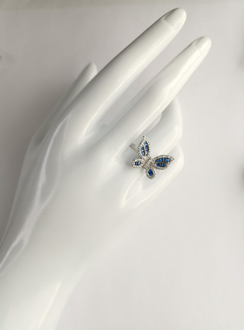 Blue and White Sapphire Butterfly Ring in Sterling Silver