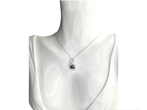 Mystic Topaz CZ Halo Pendant Necklace in Sterling Silver