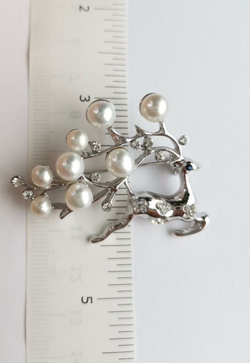 Christmas Reindeer Brooch with Crystals and Freshwater White Pearls 