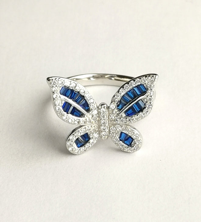 Blue and White Sapphire Butterfly Ring in Sterling Silver