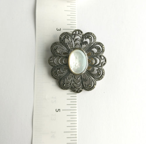 Vintage Mother Of Pearl Marcasite Brooch in Sterling Silver