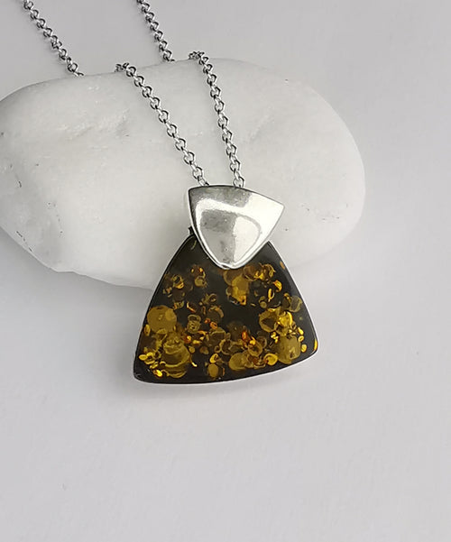 Vintage 70's Amber Pendant Necklace in Sterling Silver