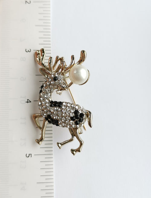 Christmas Reindeer Brooch with Crystals and Freshwater White Pearl