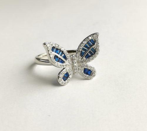 Blue and White Sapphire Butterfly Ring in Sterling Silver