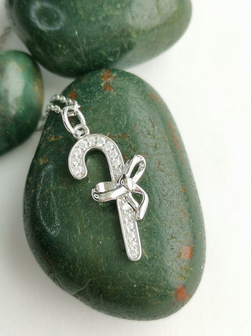 Festive CZ Candy Cane Pendant Necklace in Sterling Silver