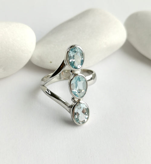 Modern Sky Blue Topaz 3 Stone Ring