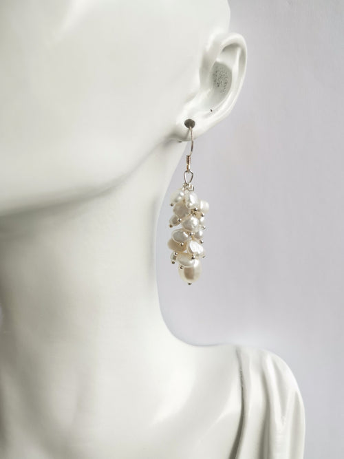 White Freshwater Pearl Grape Cluster Dangle Drop Earrings