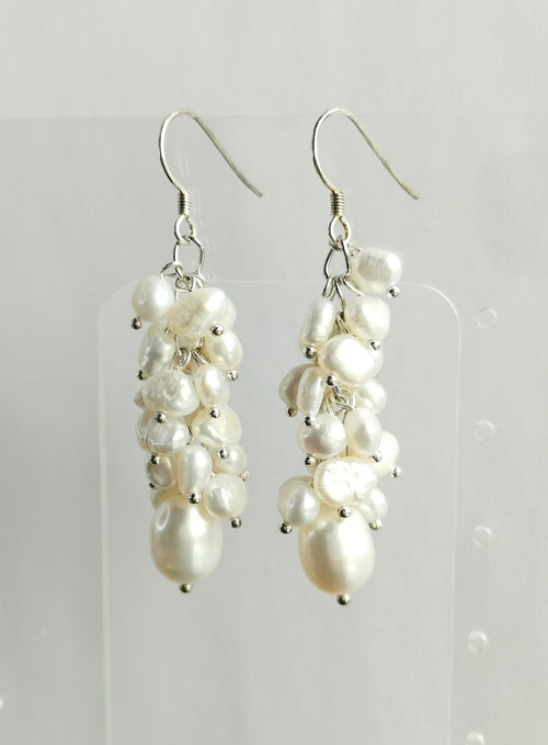 White Freshwater Pearl Grape Cluster Dangle Drop Earrings