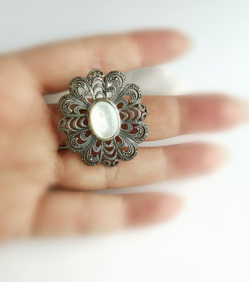 Vintage Mother Of Pearl Marcasite Brooch in Sterling Silver