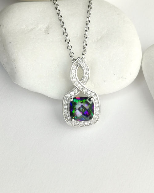 Mystic Topaz CZ Halo Pendant Necklace in Sterling Silver