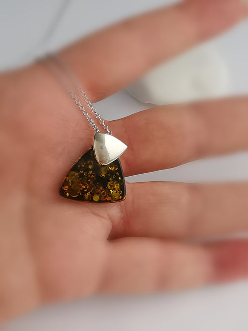 Vintage 70's Amber Pendant Necklace in Sterling Silver