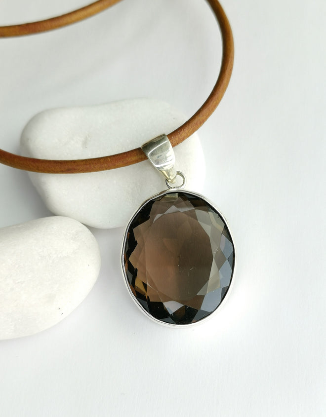 Large Smoky Topaz / Smokey Quartz in Sterling Silver Pendant Necklace