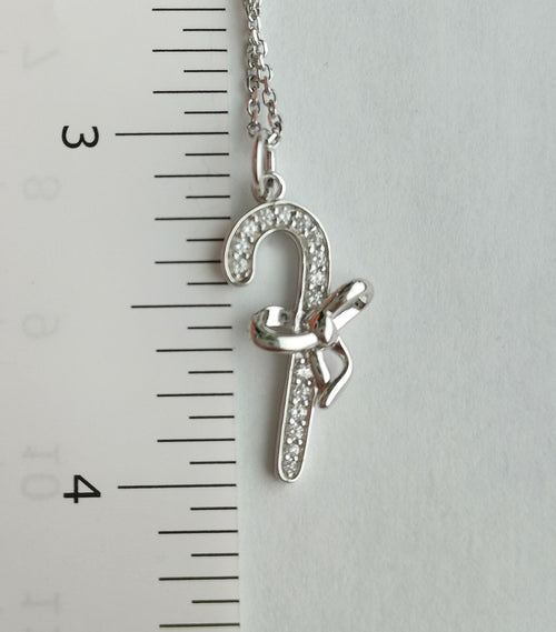 Festive CZ Candy Cane Pendant Necklace in Sterling Silver