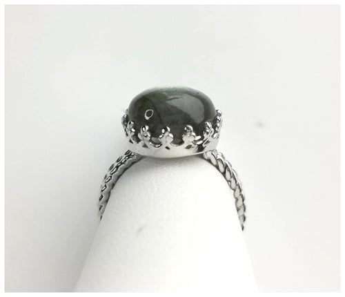 Cabochon Labradorite Ring in Sterling Silver Tudor Revival Design